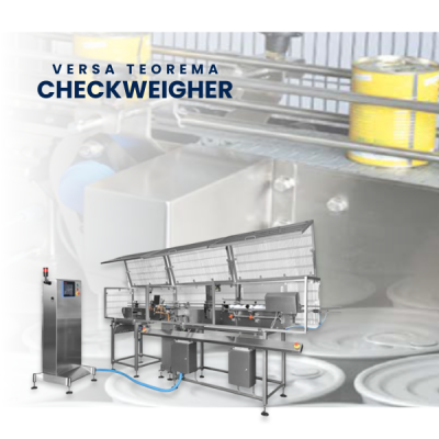 Close-up of Versa Teorema checkweigher system with stainless steel construction and high-pressure washdown design